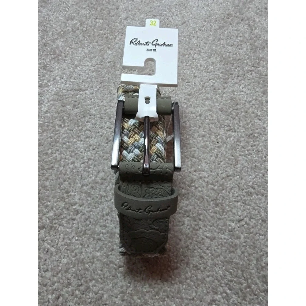 ROBERT GRAHAM‎ size 32  Mens Tan  Leather Bonded Braided Stretch belt Nwt